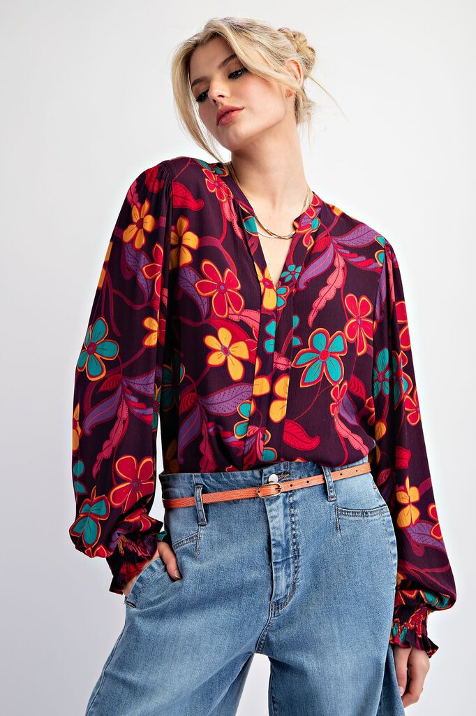 EASEL Eggplant and Multi Floral Long Sleeve Rayon Gauze Top