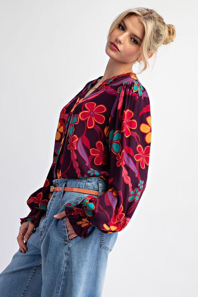 EASEL Eggplant and Multi Floral Long Sleeve Rayon Gauze Top