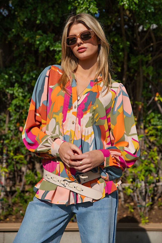 EASEL Multi Abstract Leaf print Long Sleeve Button-up Top