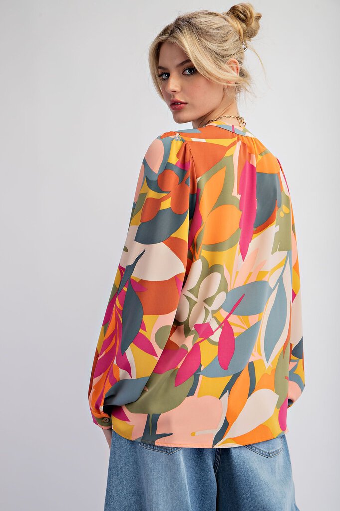 EASEL Multi Abstract Leaf print Long Sleeve Button-up Top