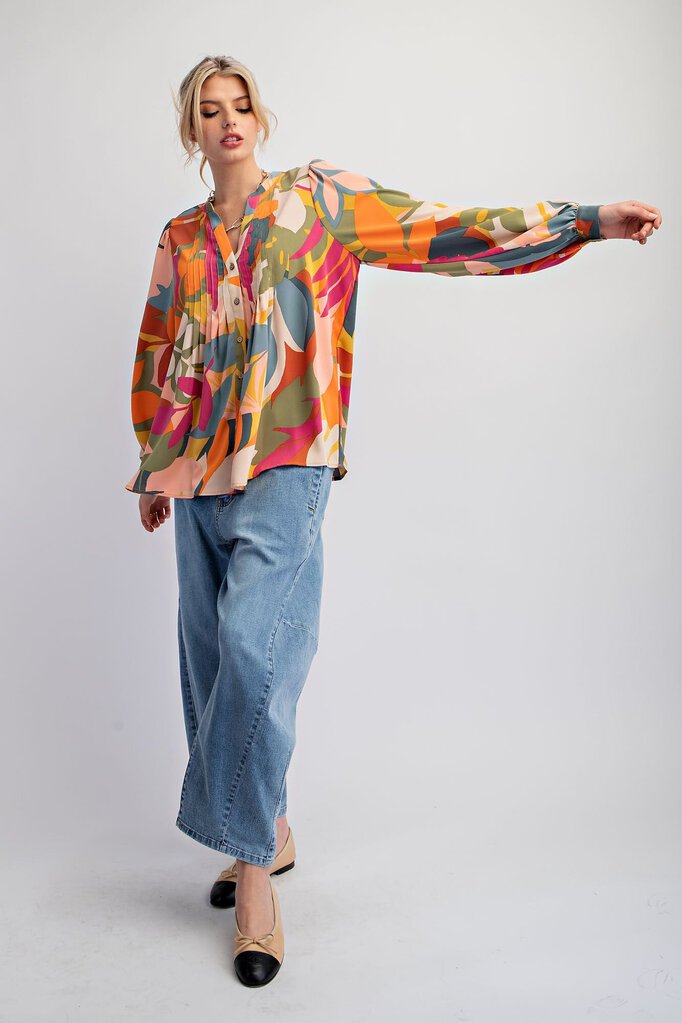 EASEL Multi Abstract Leaf print Long Sleeve Button-up Top