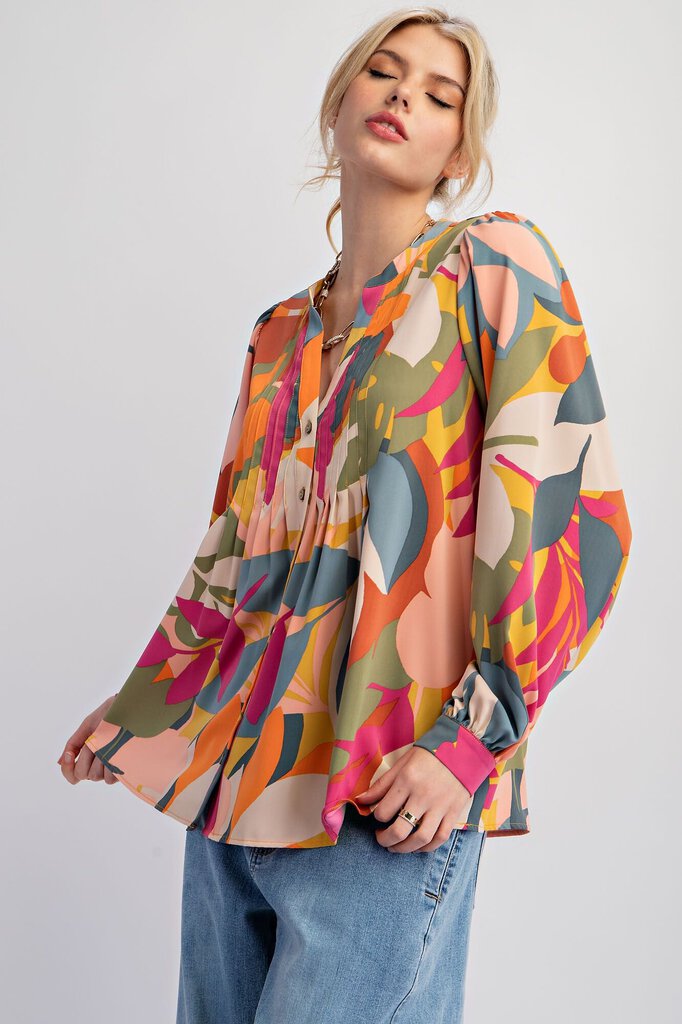 EASEL Multi Abstract Leaf print Long Sleeve Button-up Top