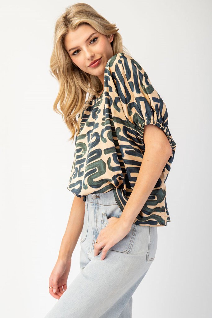 EESOME Tan & Mixed Geometric Silk Look Printed Top