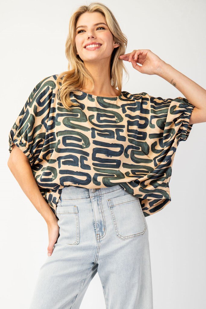 EESOME Tan & Mixed Geometric Silk Look Printed Top