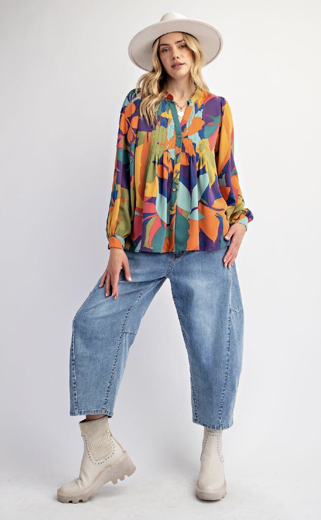 EASEL Multi Abstract Leaf print Long Sleeve Button-up Top