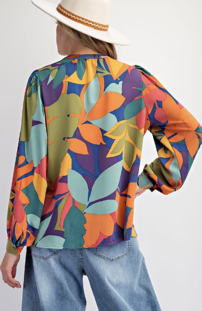 EASEL Multi Abstract Leaf print Long Sleeve Button-up Top