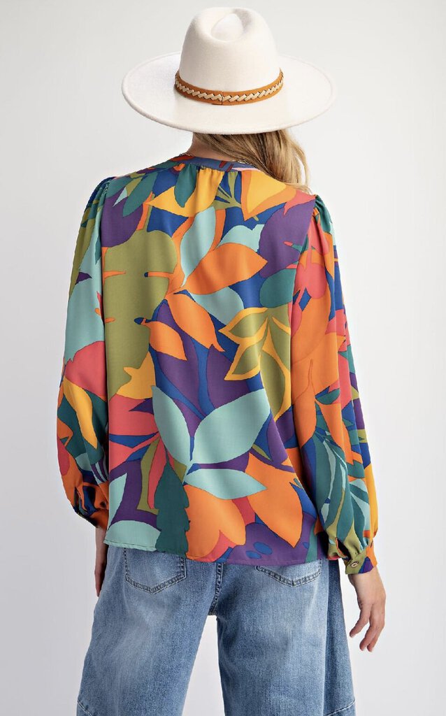 EASEL Multi Abstract Leaf print Long Sleeve Button-up Top