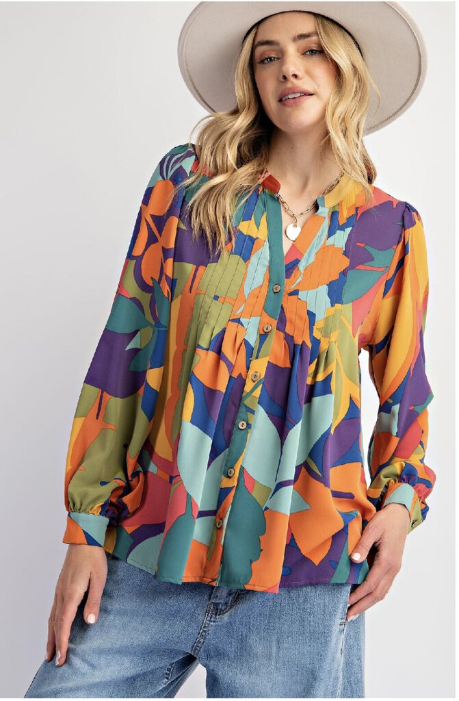 EASEL Multi Abstract Leaf print Long Sleeve Button-up Top