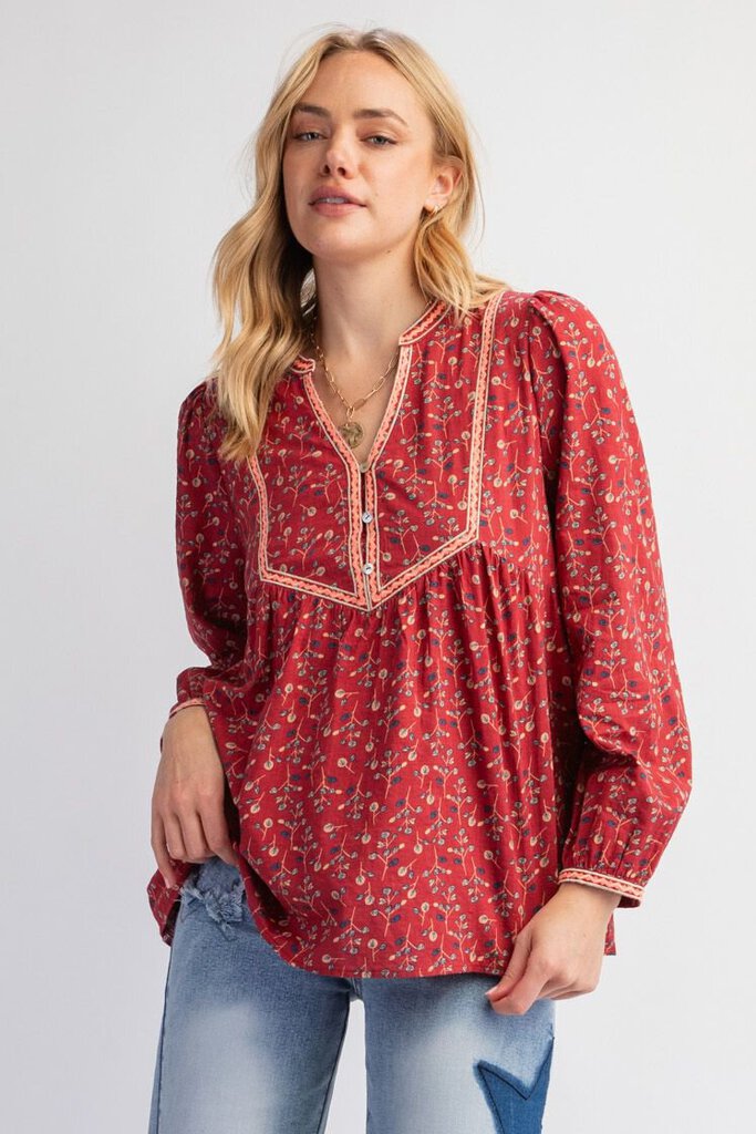 EASEL Crimson Printed Long Sleeve Babydoll Top