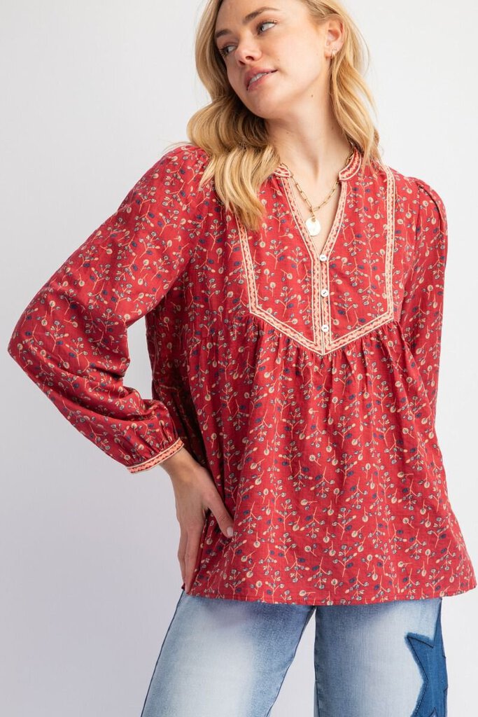 EASEL Crimson Printed Long Sleeve Babydoll Top