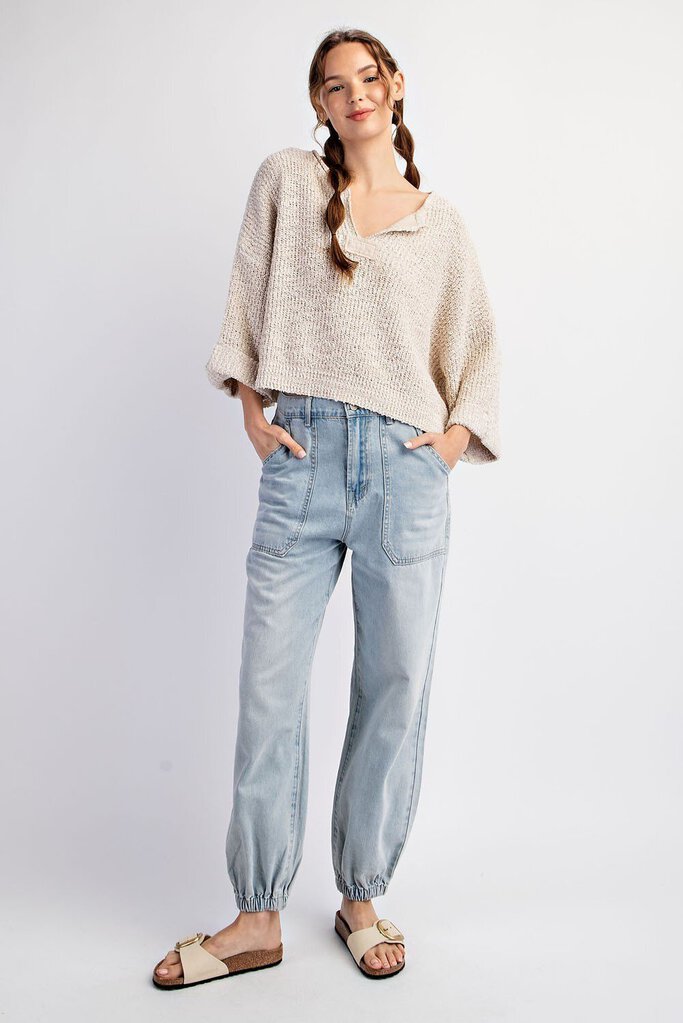 EESOME Oatmeal Mid Sleeve Textured Long Sleeve Sweater Top