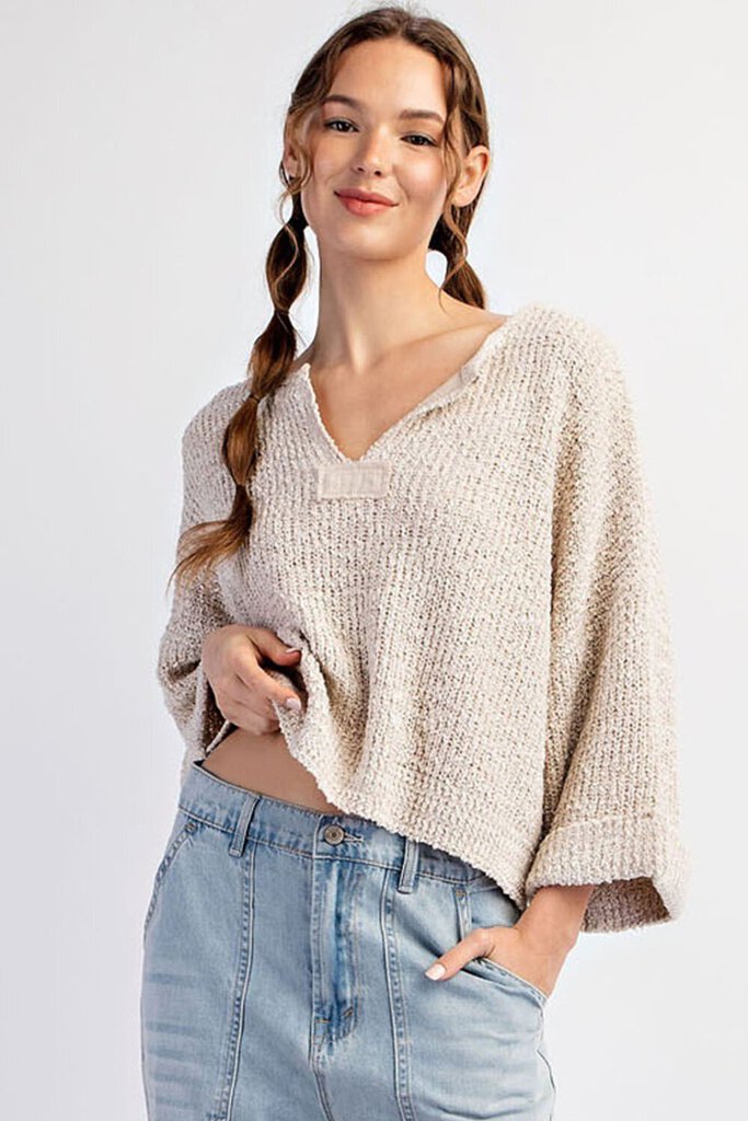 EESOME Oatmeal Mid Sleeve Textured Long Sleeve Sweater Top