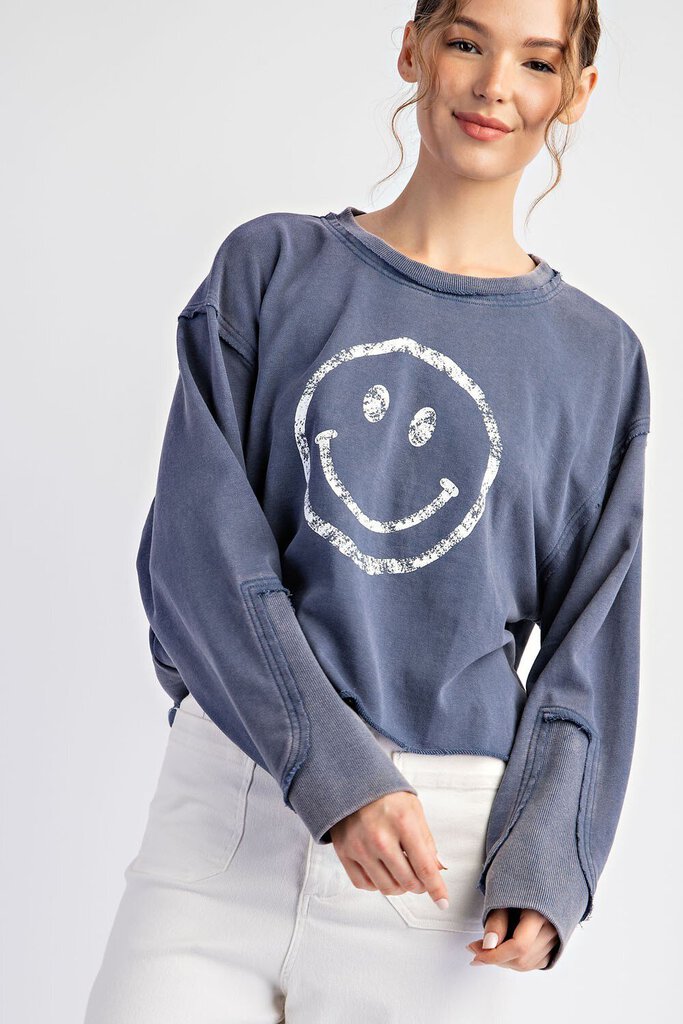 EESOME Washed Blue Long Sleeve Cotton Terry Cloth Smiley Face Top