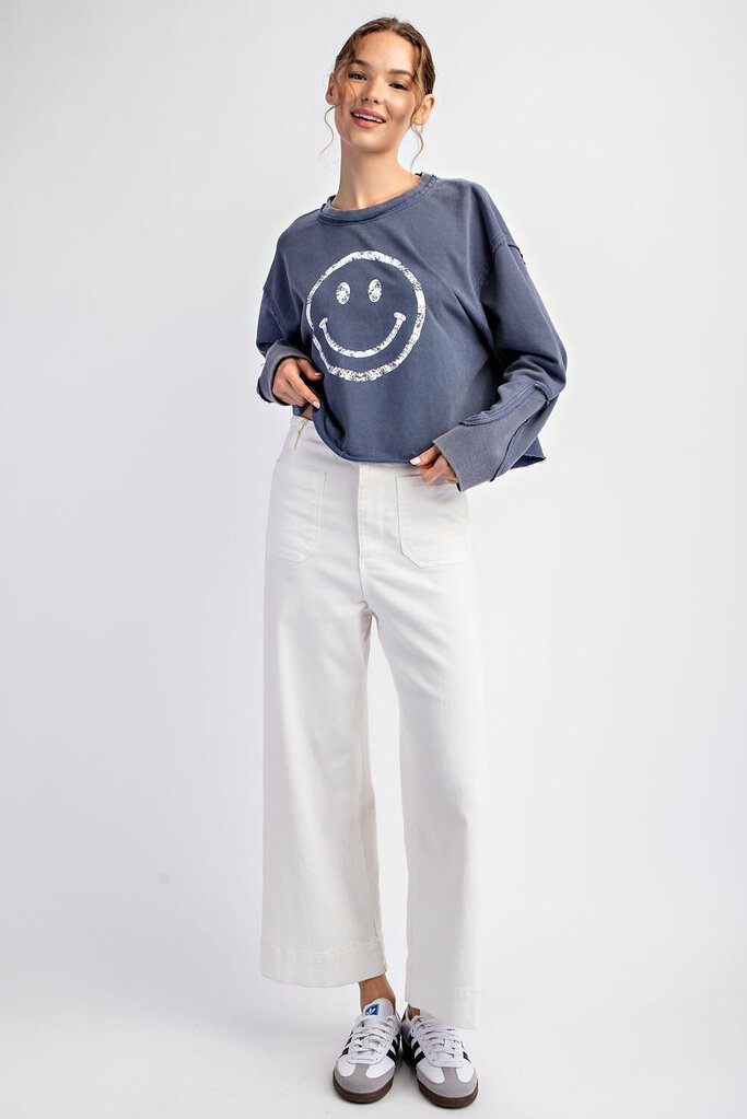 EESOME Washed Blue Long Sleeve Cotton Terry Cloth Smiley Face Top