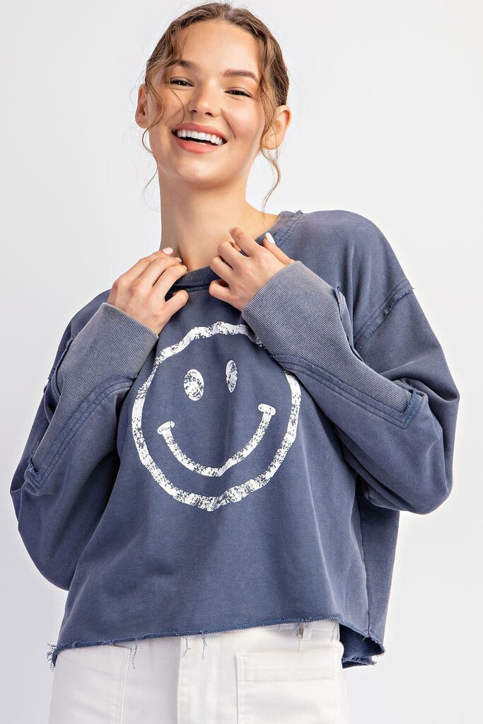 EESOME Washed Blue Long Sleeve Cotton Terry Cloth Smiley Face Top