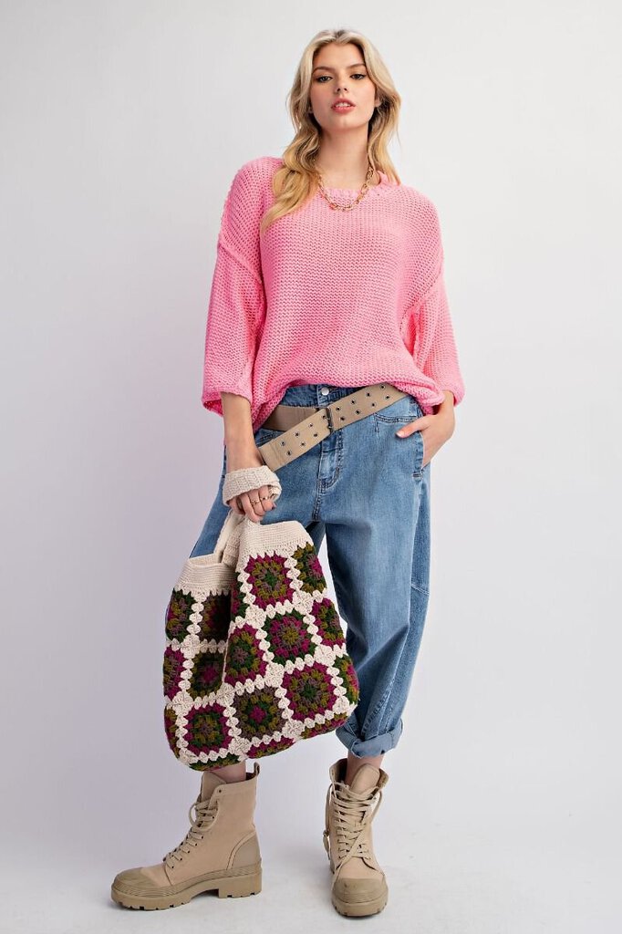 EASEL Bubble Gum Pink Pullover Mid Sleeve Sweater