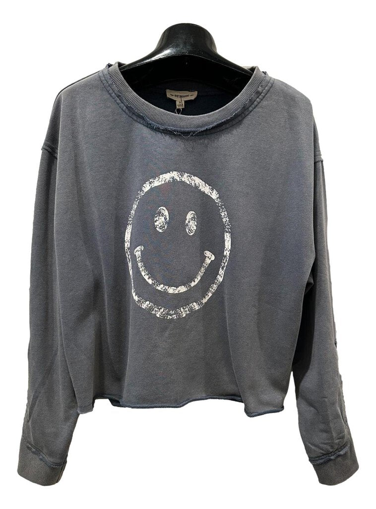 EESOME Washed Blue Long Sleeve Cotton Terry Cloth Smiley Face Top