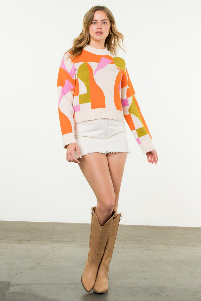 THML Cream Orange Pink and Lime Long Sleeve Sweater