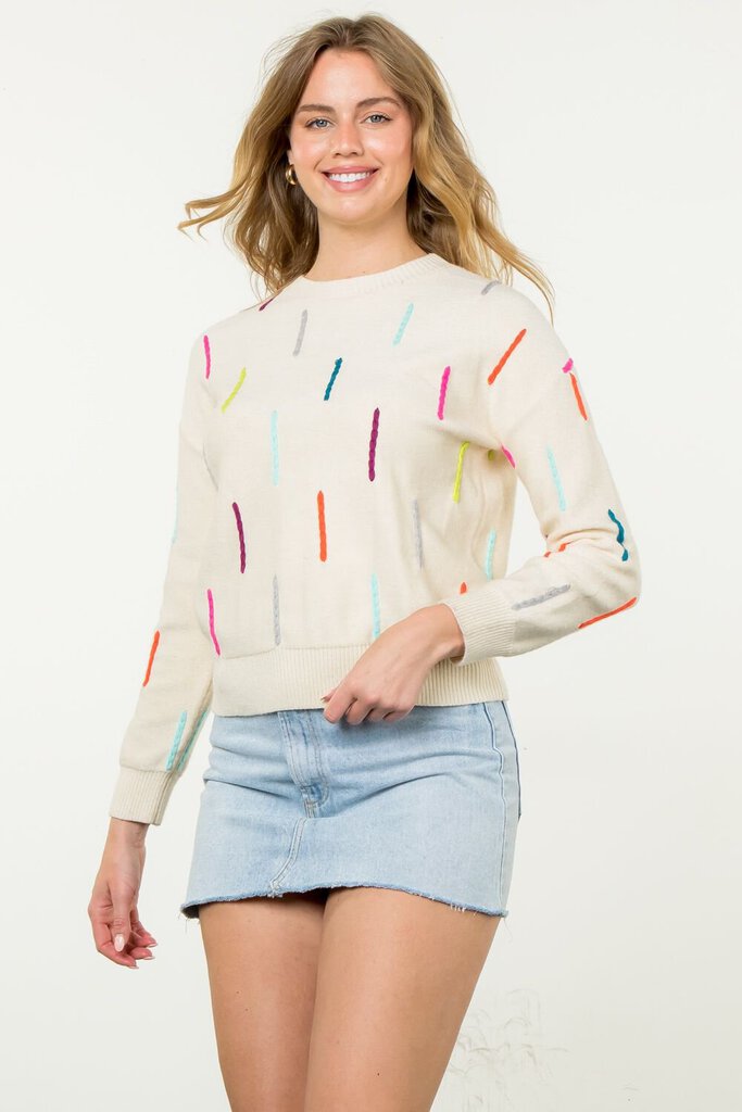 THML Cream with Multi Colored Braided Stitching Long Sleeve Sweater