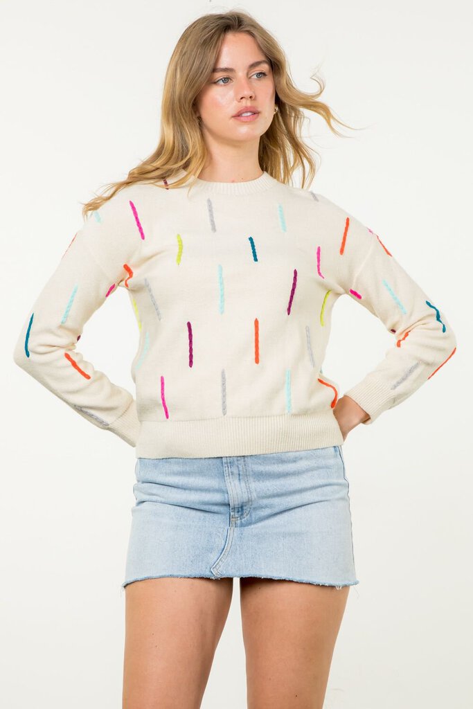 THML Cream with Multi Colored Braided Stitching Long Sleeve Sweater