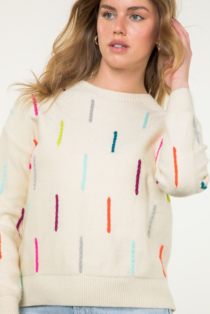 THML Cream with Multi Colored Braided Stitching Long Sleeve Sweater