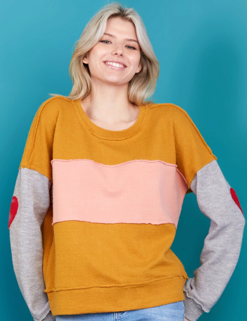 BILLY T Color Block Long Sleeve with Red Heart Patch Knit Top