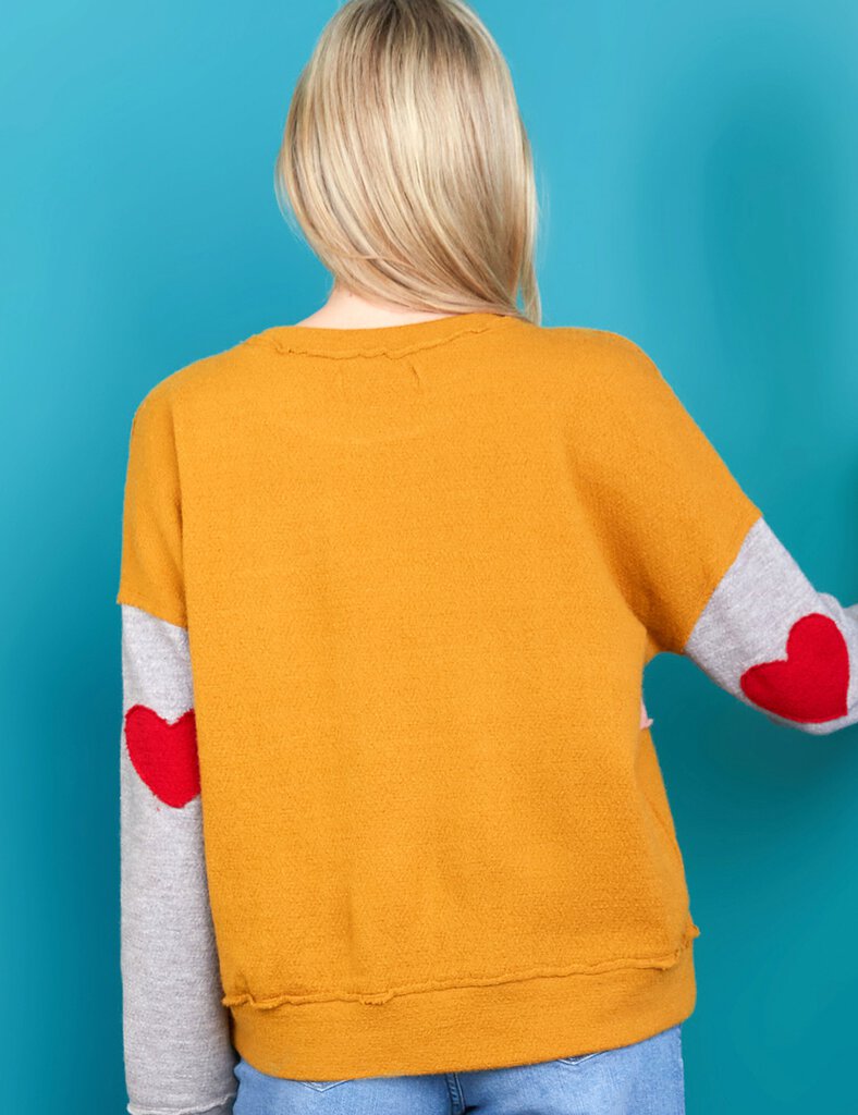 BILLY T Color Block Long Sleeve with Red Heart Patch Knit Top