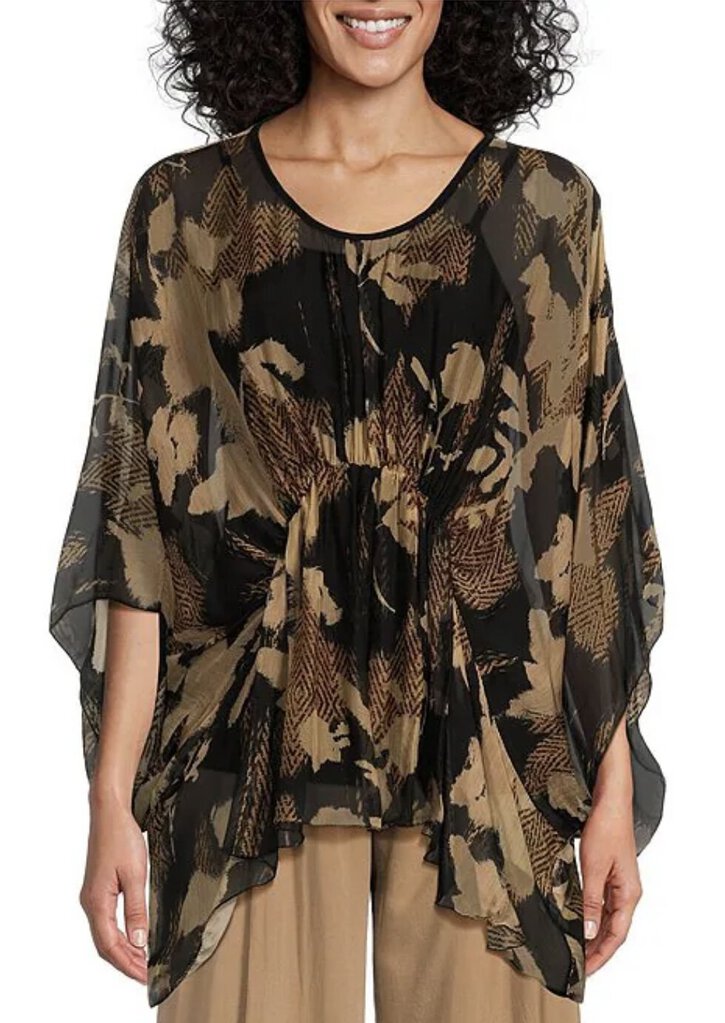 M Made in Italy Silky Mid Sleeve Ruched Poncho Tunic Top