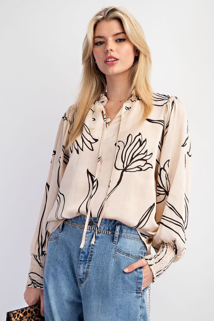 EASEL Cream and Black Long Sleeve Blouse Top