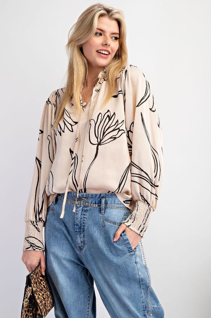 EASEL Cream and Black Long Sleeve Blouse Top