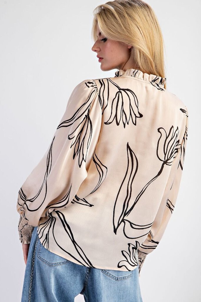 EASEL Cream and Black Long Sleeve Blouse Top