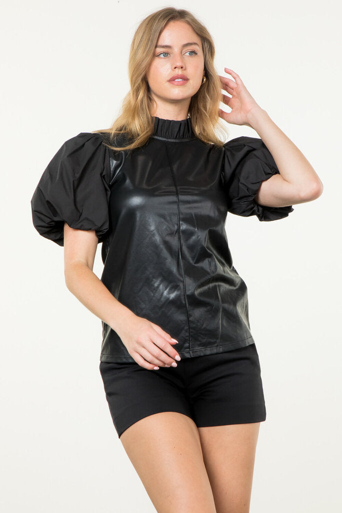 THML Black Puff Short Sleeve Pleather Top