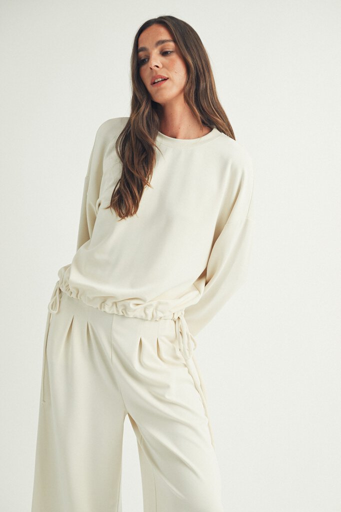 ELLE GREY lvory Long Sleeve Tie-Side Top with Wide Leg Sweatpant