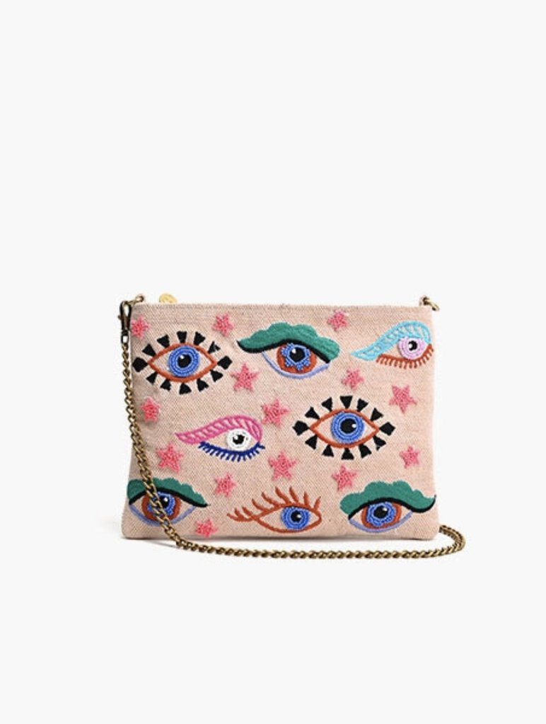 Blush Mystic Ebroidered and Beaded Evil Eye Crossbody Clutch Bag