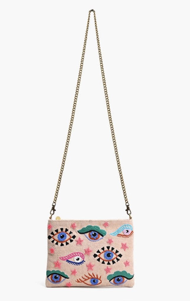 Blush Mystic Ebroidered and Beaded Evil Eye Crossbody Clutch Bag