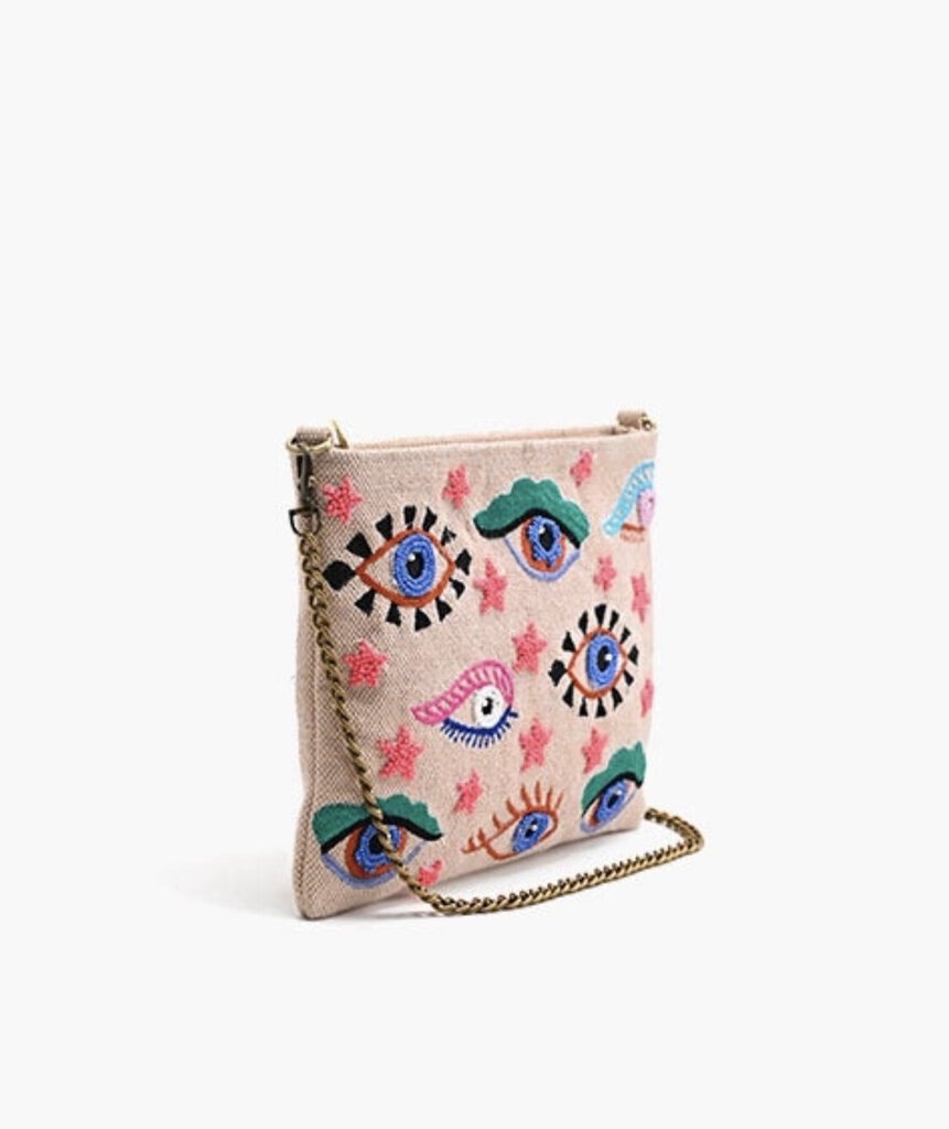 Blush Mystic Ebroidered and Beaded Evil Eye Crossbody Clutch Bag