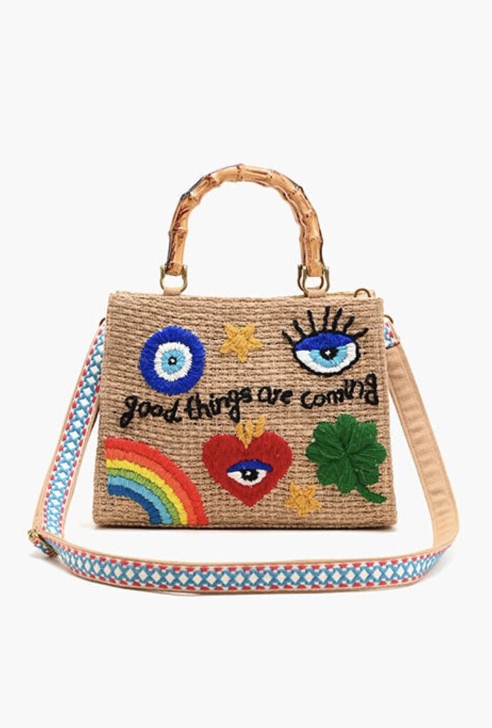 Positivity Jute Shoulder Crossbody or Wristlet Embroidered Bag