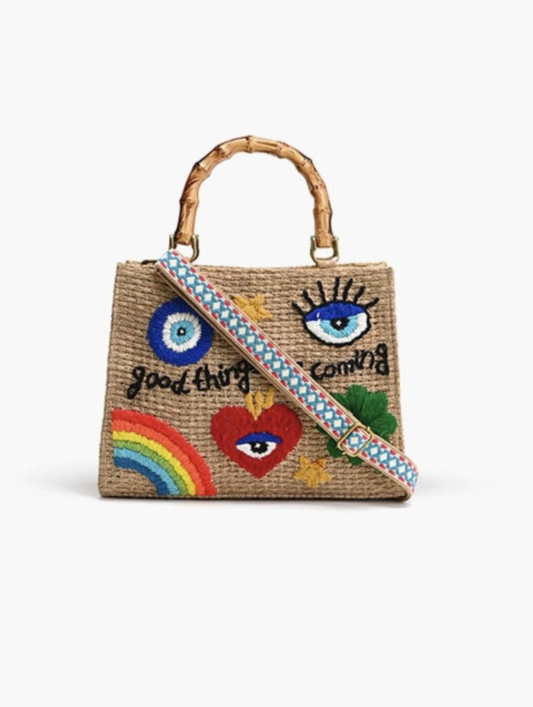 Positivity Jute Shoulder Crossbody or Wristlet Embroidered Bag