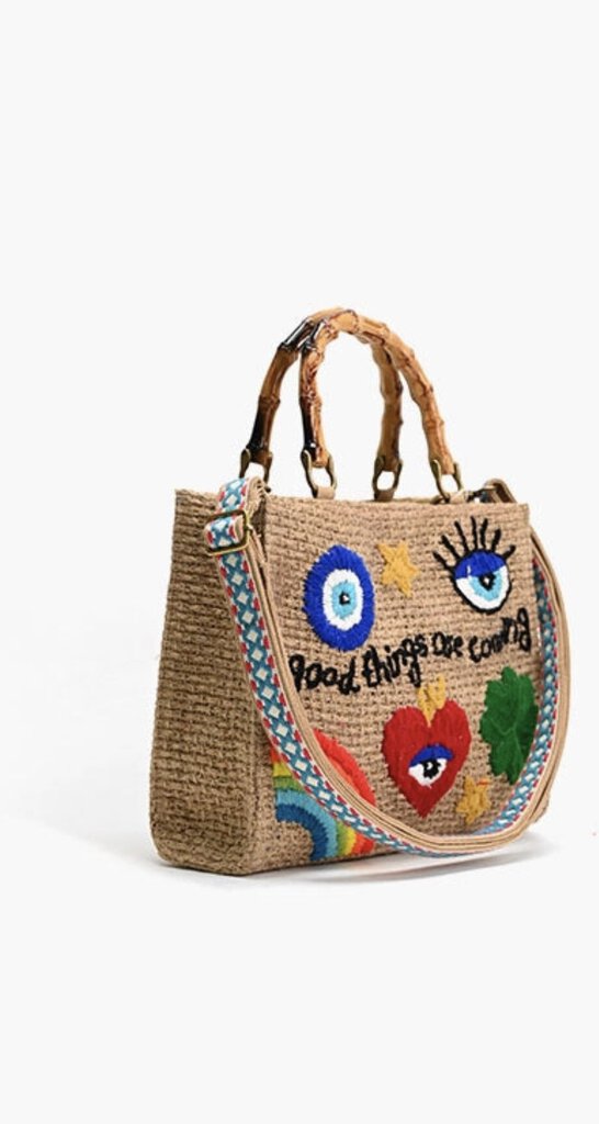 Positivity Jute Shoulder Crossbody or Wristlet Embroidered Bag