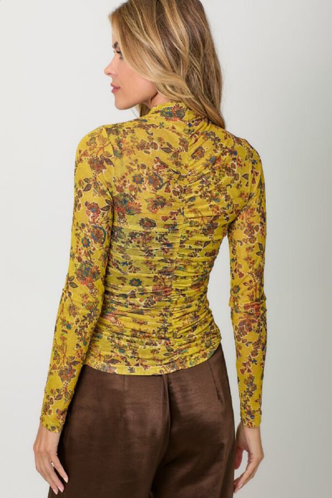 MYSTREE Mustard and Multi Floral Mesh Ruching Top