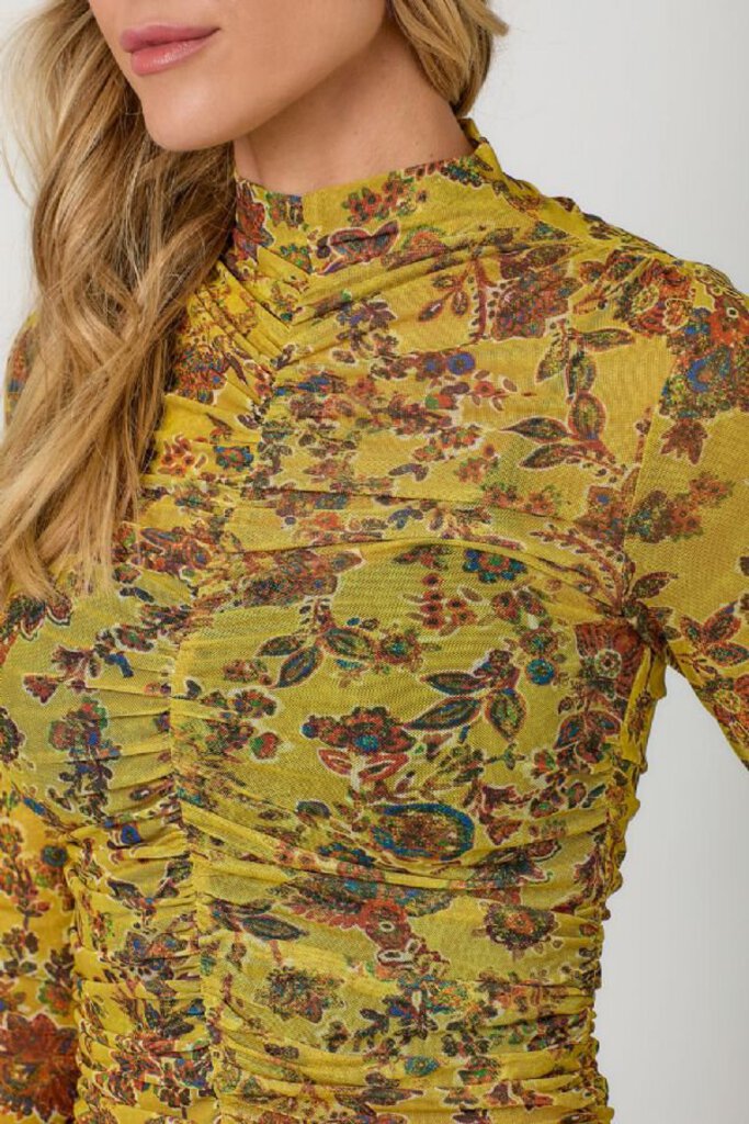 MYSTREE Mustard and Multi Floral Mesh Ruching Top