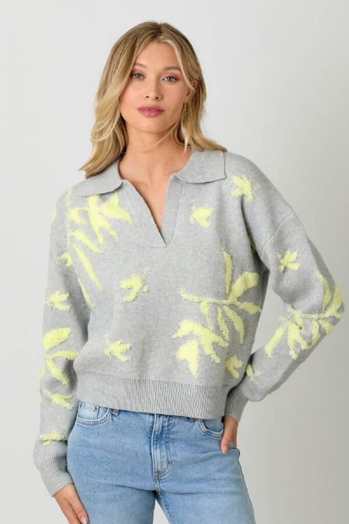 MYSTREE Grey and Lime Fuzzy Floral Collared Sweater