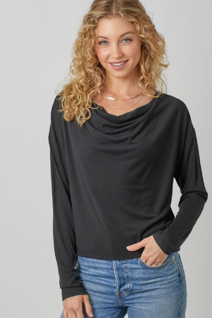 MYSTREE Black Long Sleeve Cowl Neck Top