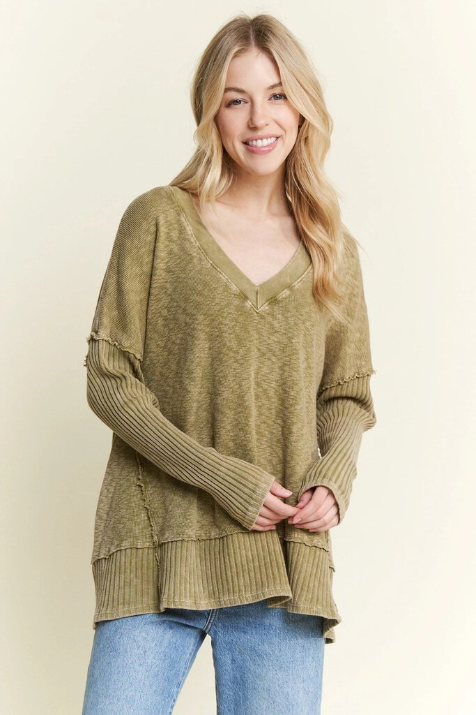 J Her Mineral Wash Olive Long Sleeve Terry Cloth V-neck Tunic Top