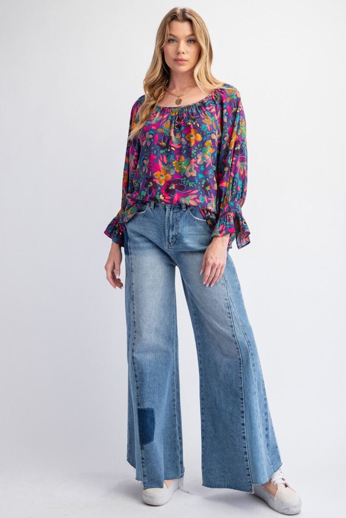 EASEL Midnight Blue and Multi Floral Mid Sleeve Top