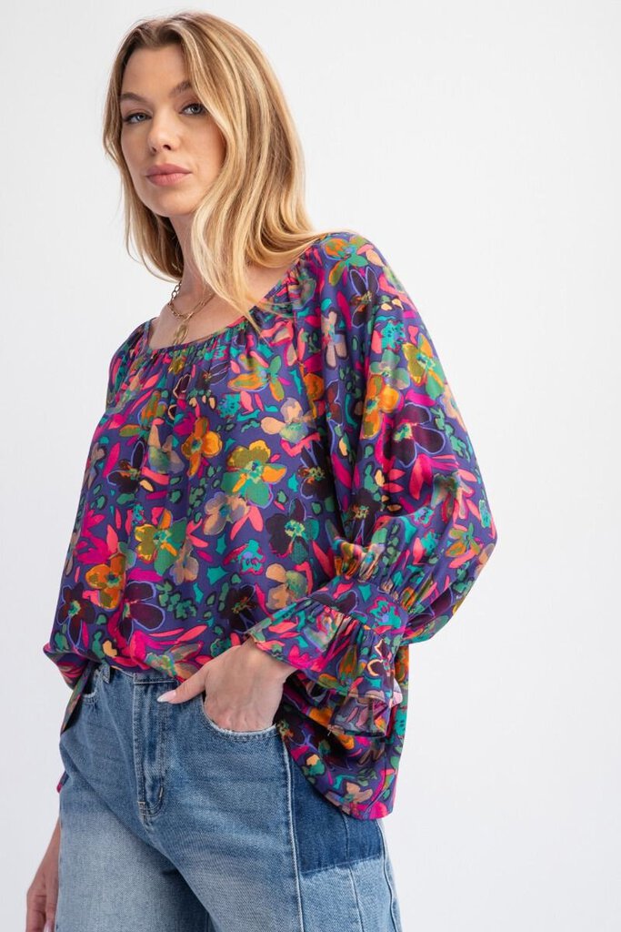 EASEL Midnight Blue and Multi Floral Mid Sleeve Top