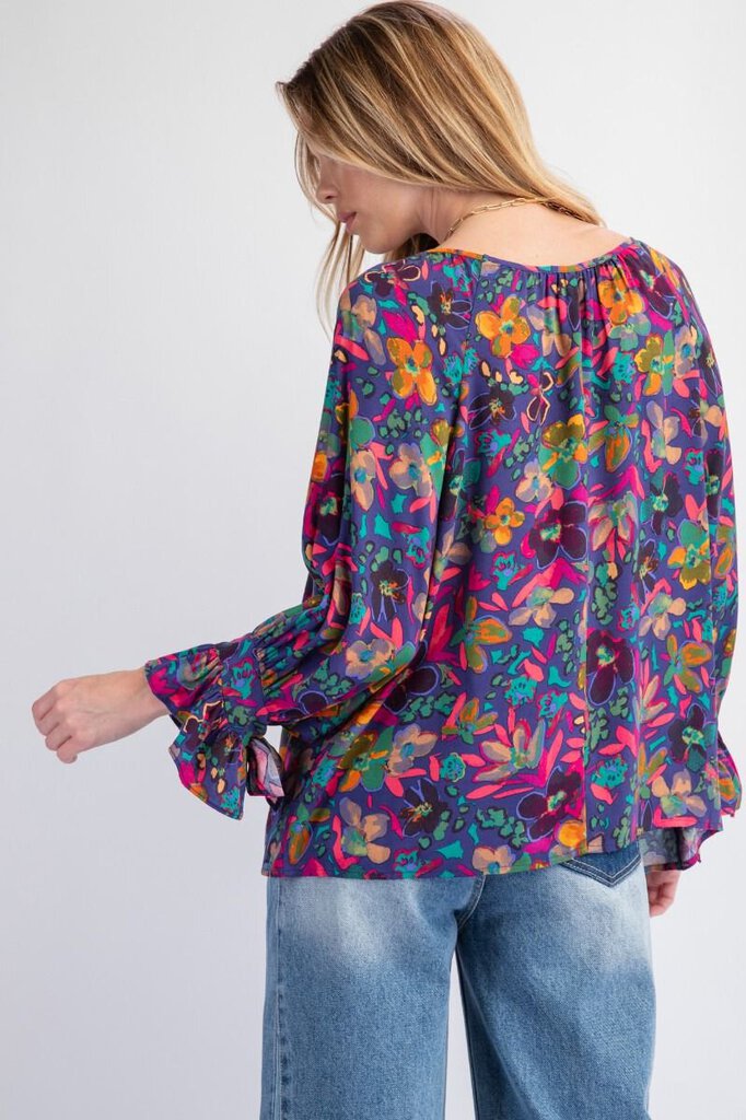 EASEL Midnight Blue and Multi Floral Mid Sleeve Top