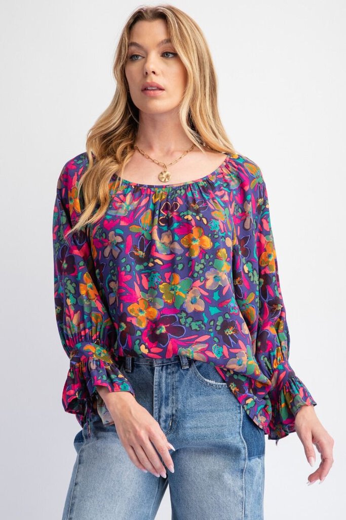 EASEL Midnight Blue and Multi Floral Mid Sleeve Top