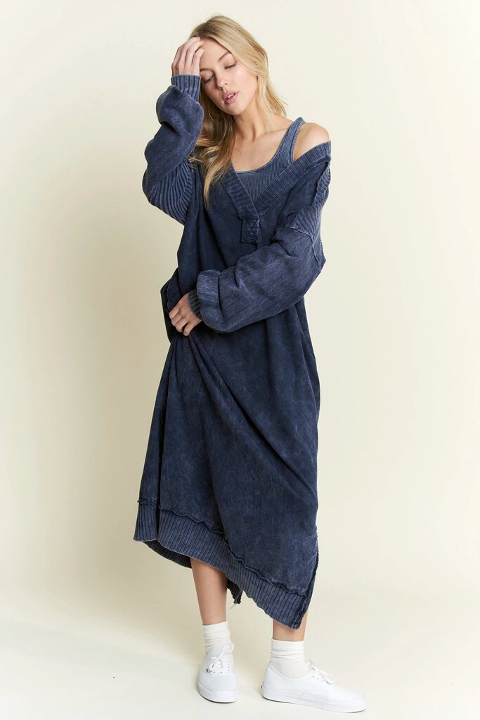 J HER BLUE MINERAL WASH POCKET LONG SLEEVE DRESS