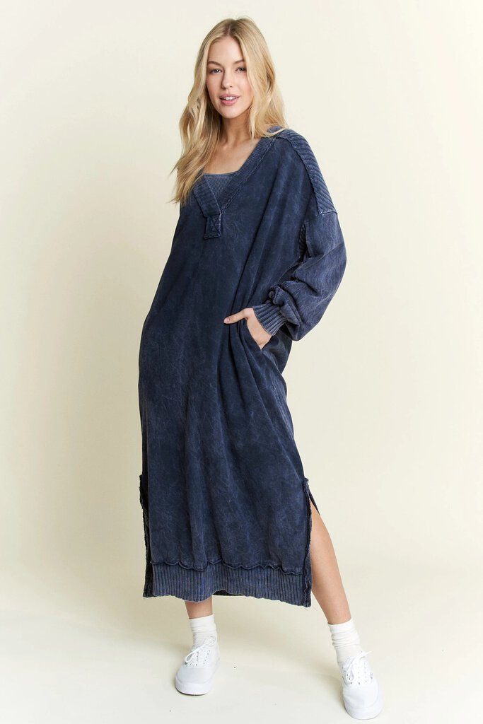 J HER BLUE MINERAL WASH POCKET LONG SLEEVE DRESS